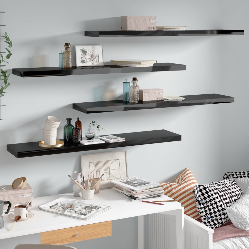 vidaXL Floating Wall Shelves 4 pcs High Gloss Black 120x23.5x3.8 cm MDF