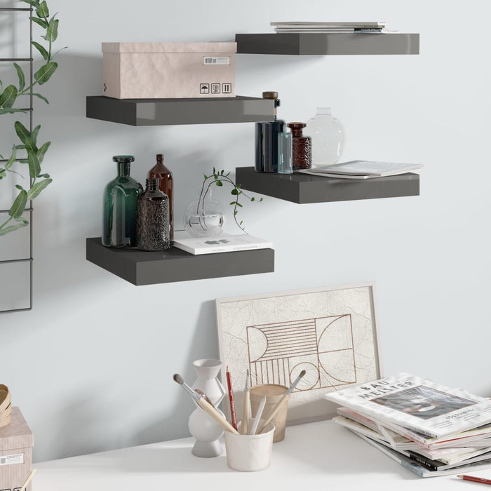 vidaXL Floating Wall Shelves 4 pcs High Gloss Grey 23x23.5x3.8 cm MDF