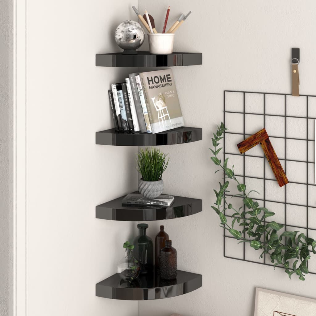 vidaXL Floating Corner Shelves 4 pcs High Gloss Black 25x25x3.8 cm MDF