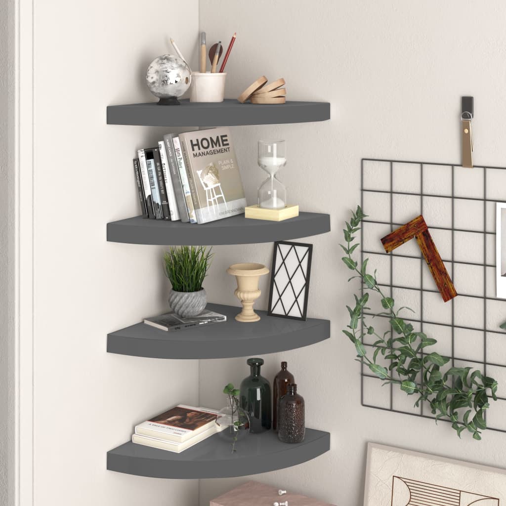 vidaXL Floating Corner Shelves 4 pcs High Gloss Grey 35x35x3.8 cm MDF