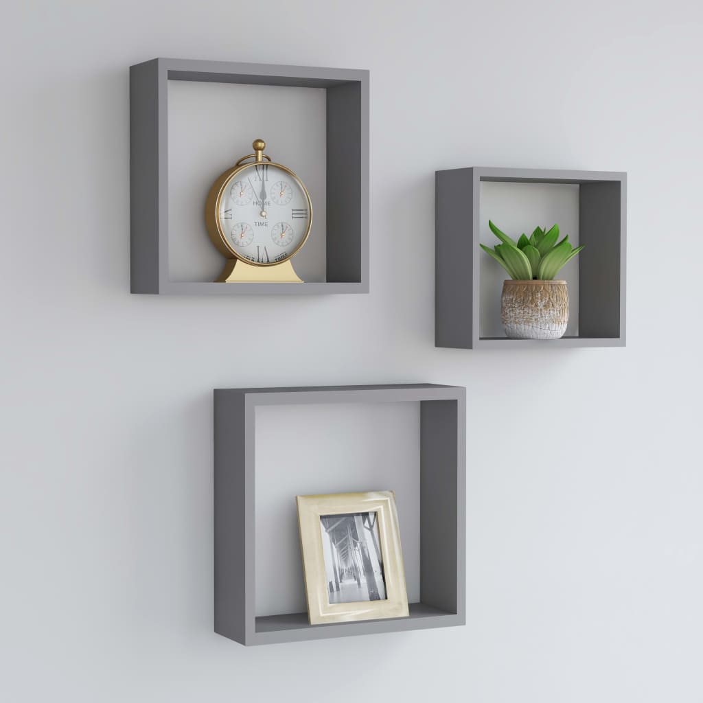 vidaXL Wall Cube Shelves 3 pcs Grey MDF