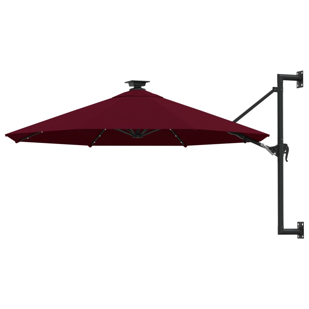 vidaXL Wall-mounted Parasol with LEDs and Metal Pole 300 cm Burgundy