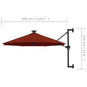 vidaXL Wall-mounted Parasol with LEDs and Metal Pole 300 cm Terracotta