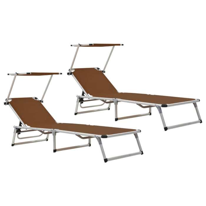 vidaXL Folding Sun Loungers with Roof 2 pcs Aluminium&Textilene Brown