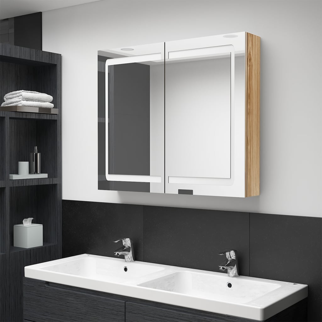 vidaXL LED Bathroom Mirror Cabinet Oak 80x12x68 cm