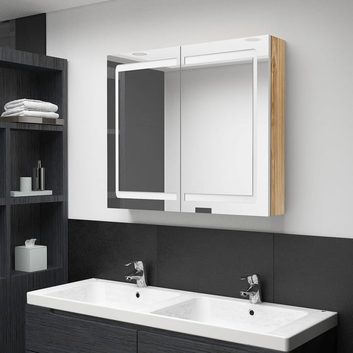 vidaXL LED Bathroom Mirror Cabinet White and Oak 80x12x68 cm