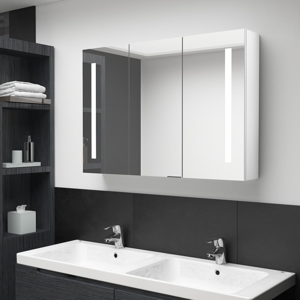 vidaXL LED Bathroom Mirror Cabinet 89x14x62 cm Shining White