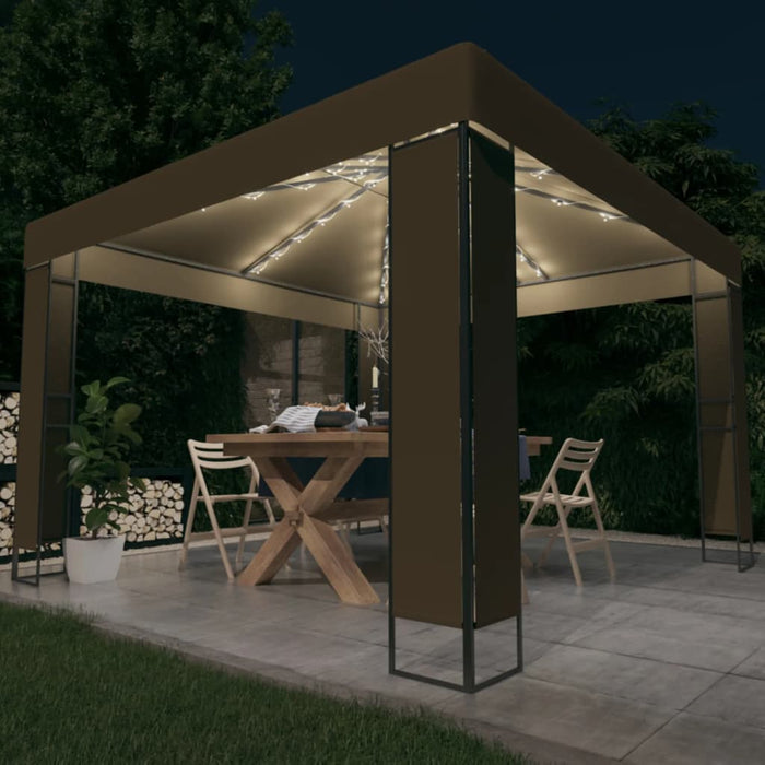 vidaXL Gazebo with Double Roof&LED String Lights 3x3x2.7 m Taupe