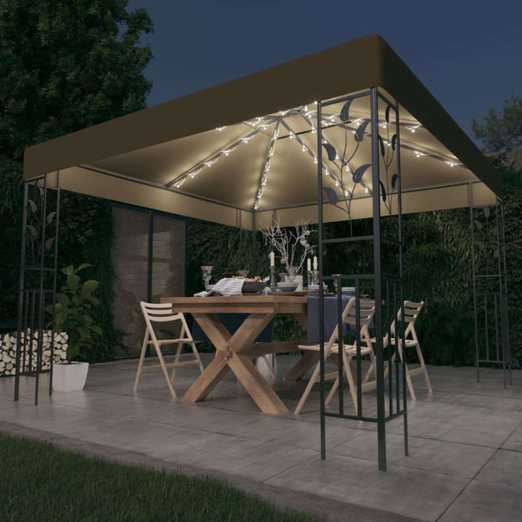 vidaXL Gazebo with LED String Lights 3x3 m Taupe