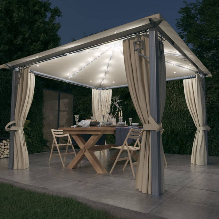 vidaXL Gazebo with Curtain&LED String Lights 3x3 m Cream Aluminium