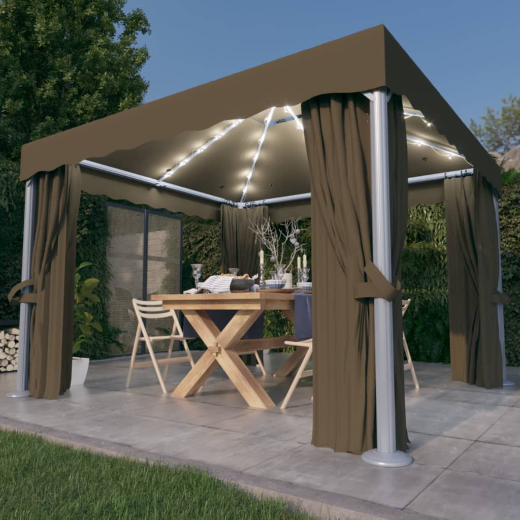 vidaXL Gazebo with Curtain&LED String Lights 3x3 m Taupe