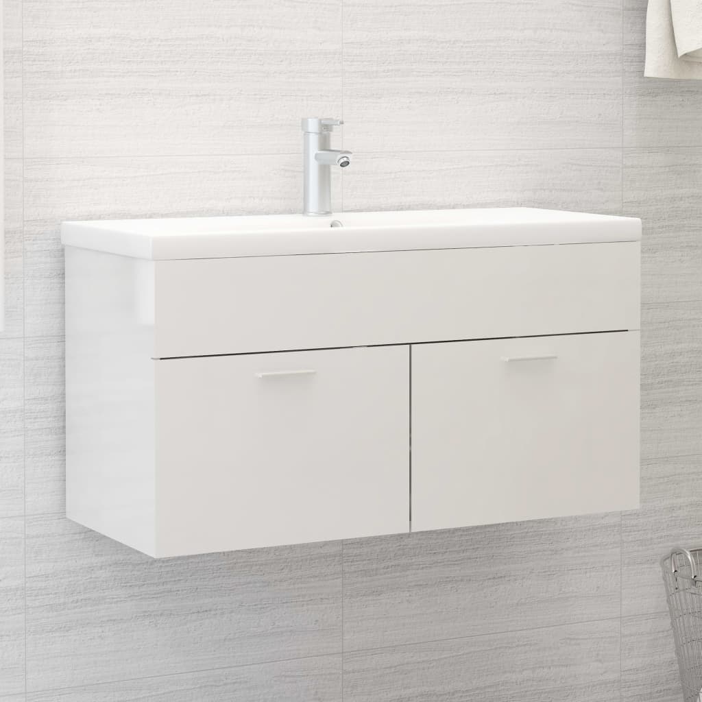 vidaXL Sink Cabinet with Built-in Basin High Gloss White Engineered Wood