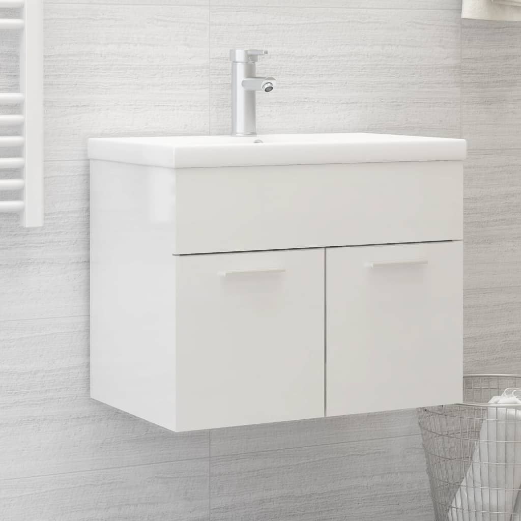 vidaXL Sink Cabinet with Built-in Basin High Gloss White Engineered Wood