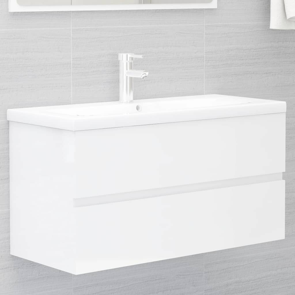 vidaXL Sink Cabinet with Built-in Basin High Gloss White Engineered Wood