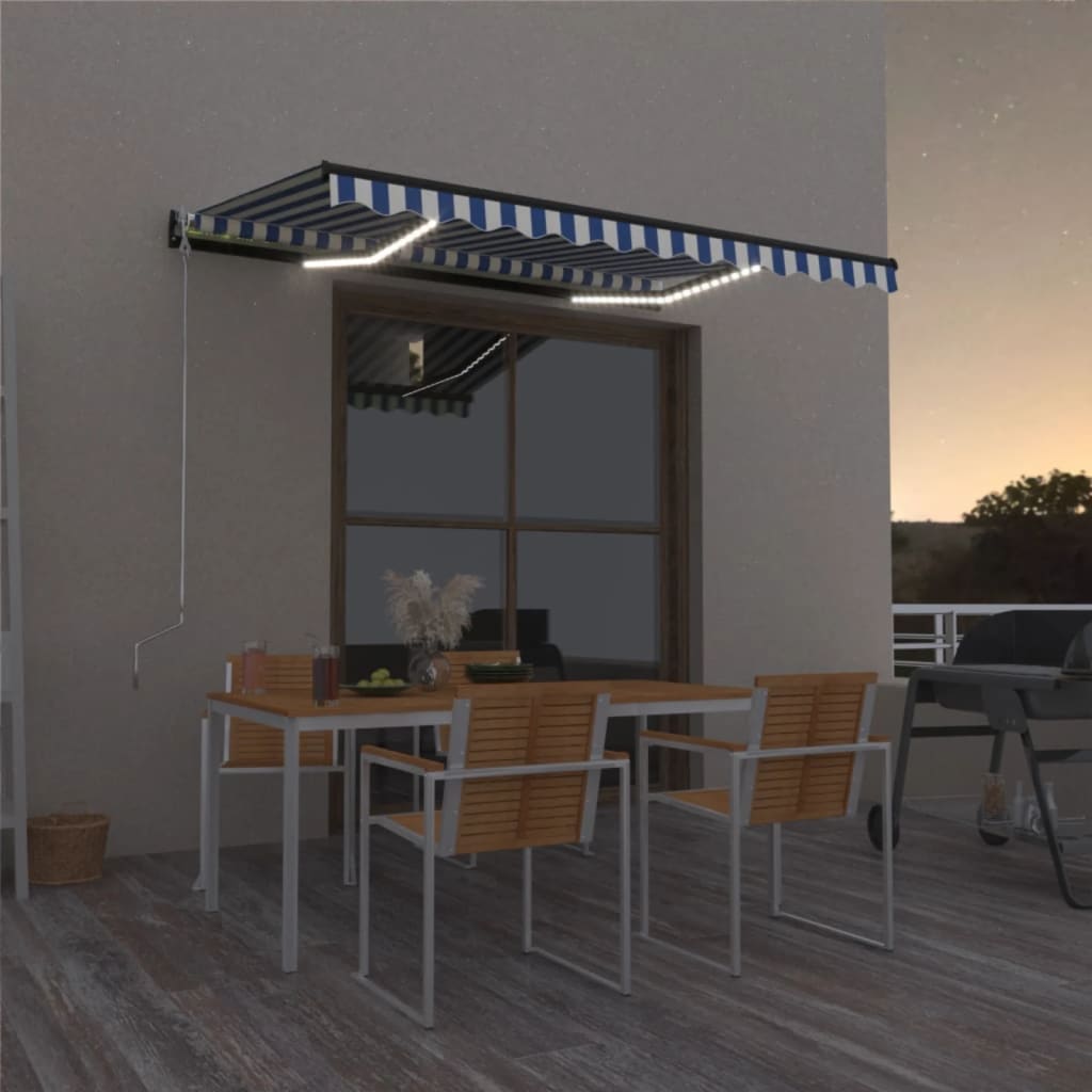 vidaXL Manual Retractable Awning with LED 400x300 cm Blue and White