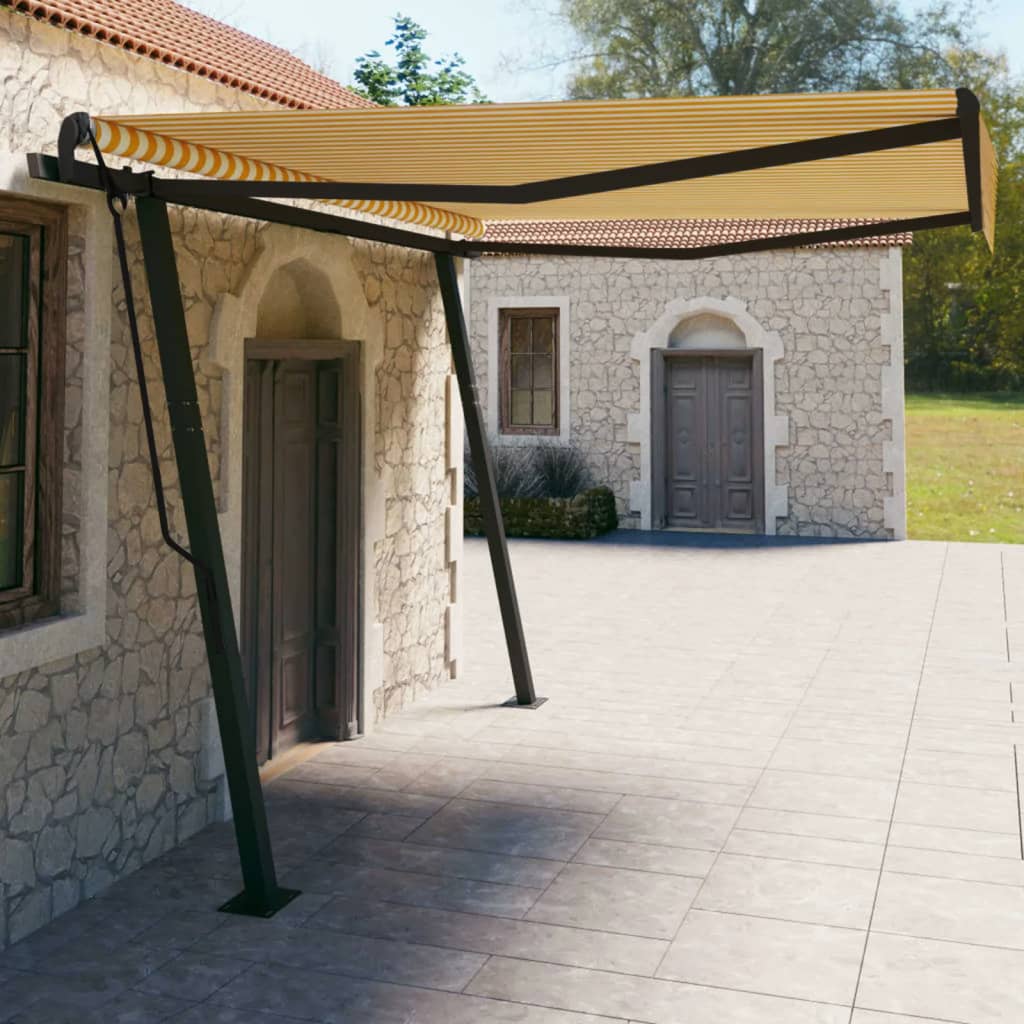 vidaXL Manual Retractable Awning with Posts 4x3 m Yellow and White