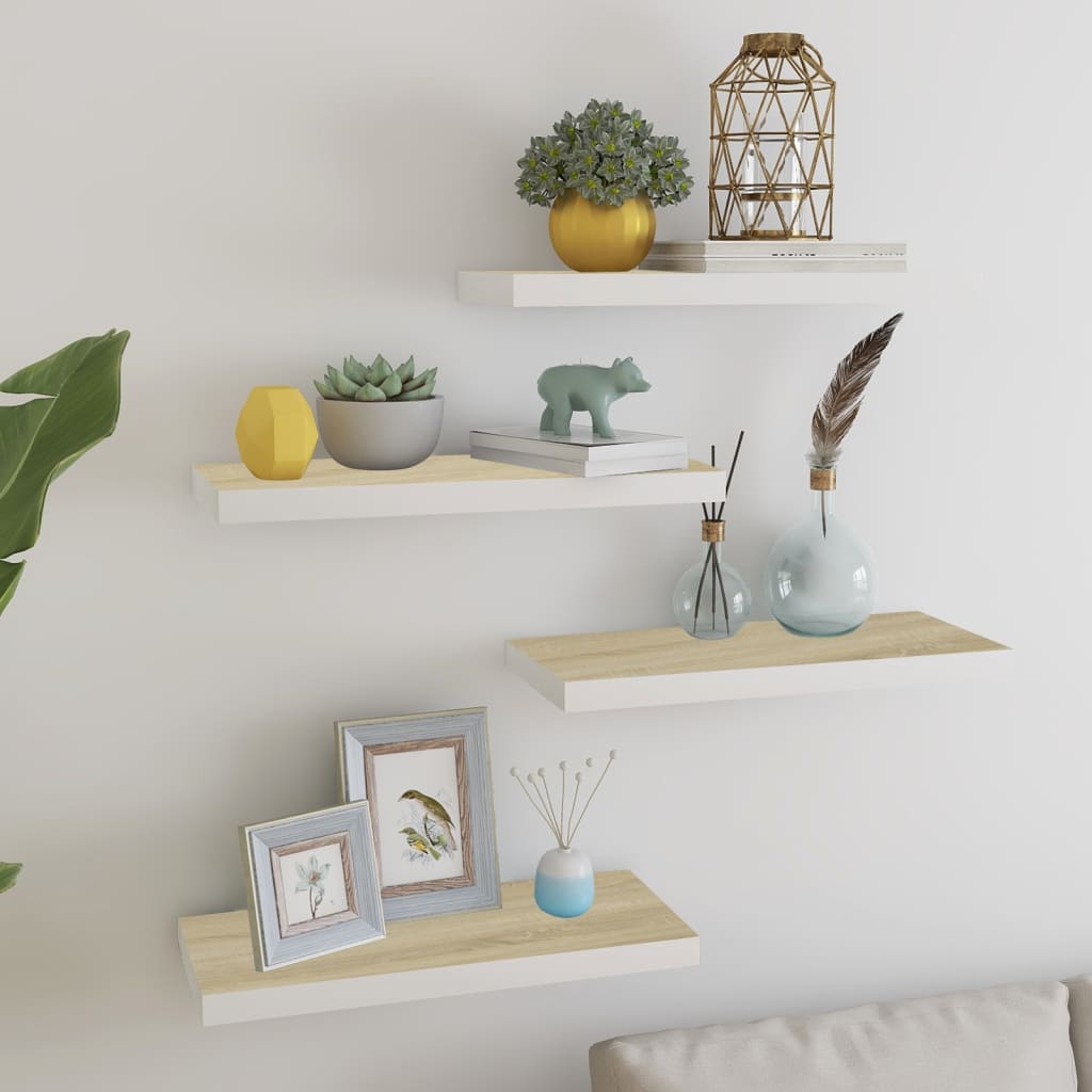 vidaXL Floating Wall Shelves 4 pcs Oak and White 60x23.5x3.8 cm MDF