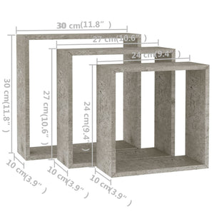 vidaXL Wall Cube Shelves 3 pcs Concrete Grey