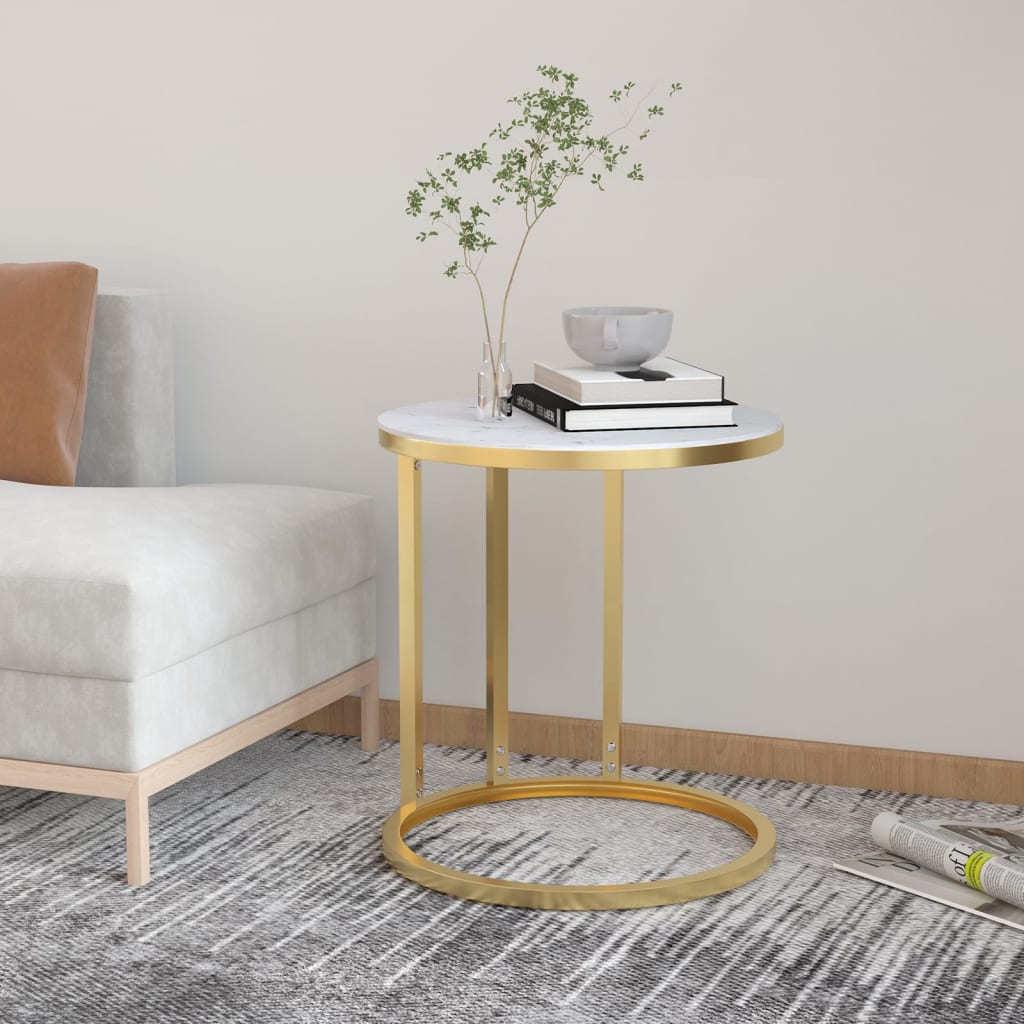 vidaXL Side Table Gold and White Marble 45 cm Tempered Glass