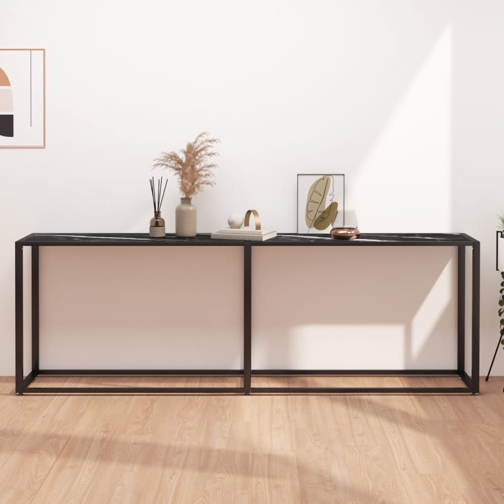 vidaXL Console Table Black Marble 220x35x75.5cm Tempered Glass