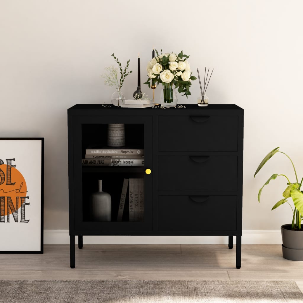 vidaXL Sideboard Black 75x35x70 cm Steel and Tempered Glass