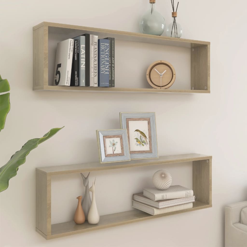 vidaXL Wall Cube Shelf 2 pcs Sonoma Oak 100x15x30 cm Engineered Wood