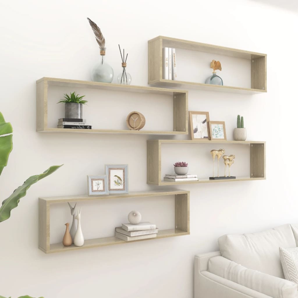 vidaXL Wall Cube Shelf 4 pcs Sonoma Oak 100x15x30 cm Engineered Wood