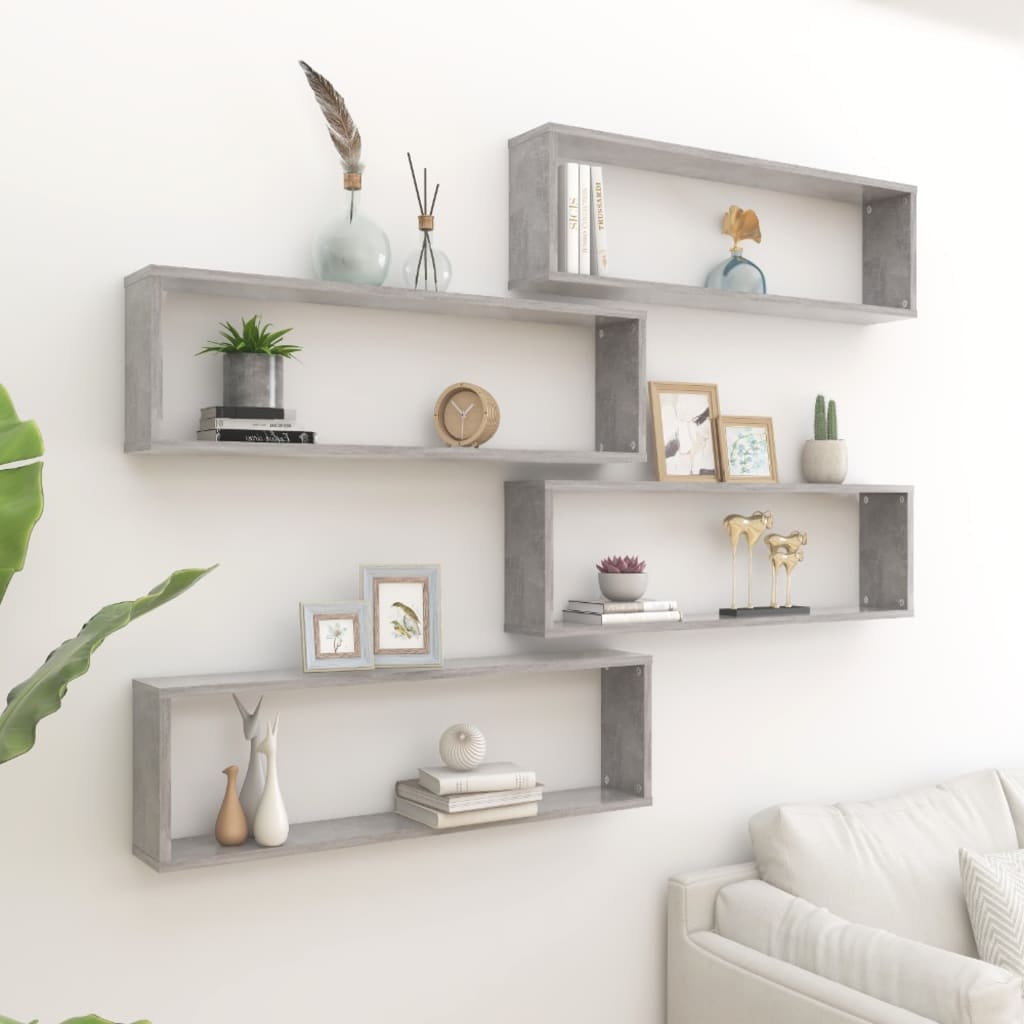 vidaXL Wall Cube Shelf 4 pcs Concrete Grey 100x15x30 cm Engineered Wood