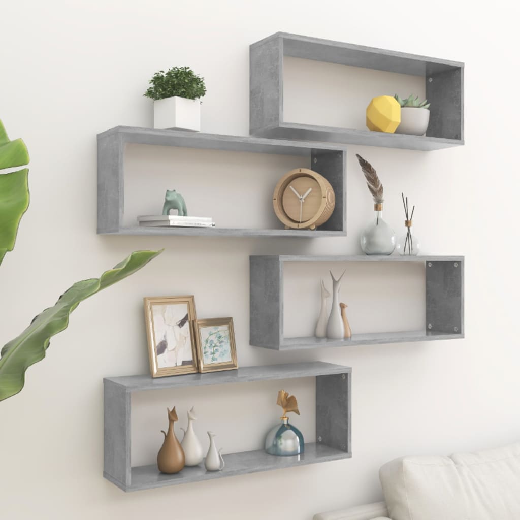 vidaXL Wall Cube Shelf 4 pcs Concrete Grey 60x15x23 cm Engineered Wood