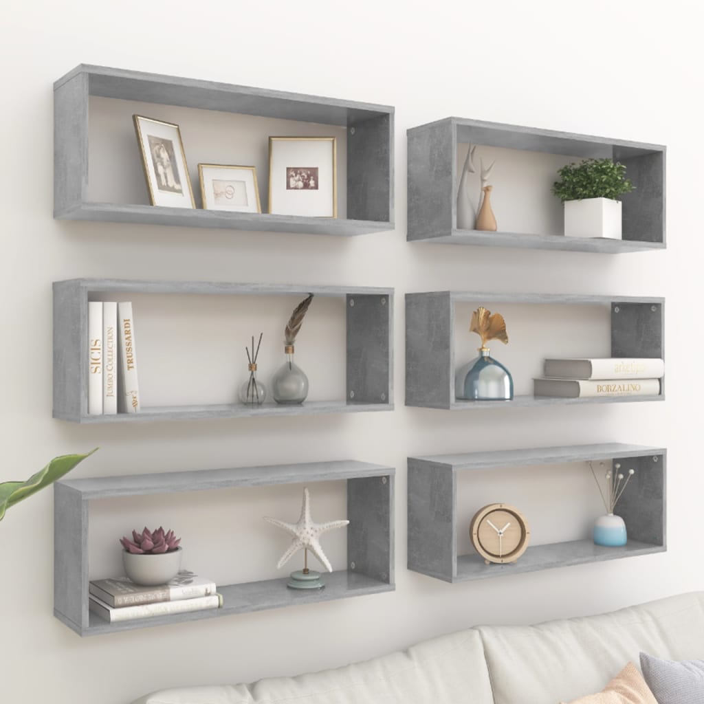 vidaXL Wall Cube Shelf 6 pcs Concrete Grey 60x15x23 cm Engineered Wood