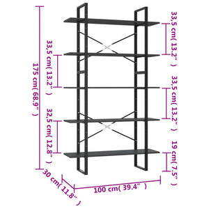 vidaXL 5-Tier Book Cabinet Grey 100x30x175 cm Engineered Wood