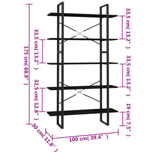 vidaXL 5-Tier Book Cabinet Black 100x30x175 cm Pinewood