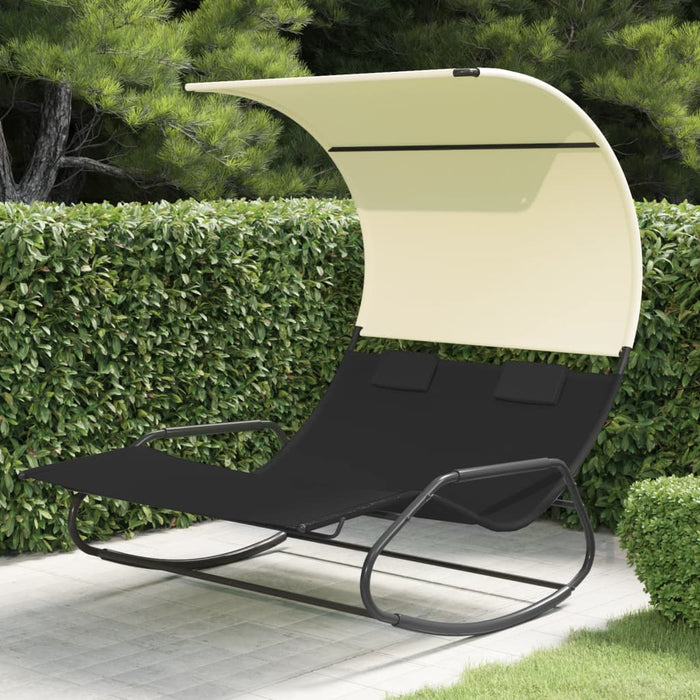 vidaXL Rocking Double Sun Lounger with Canopy Black and Cream