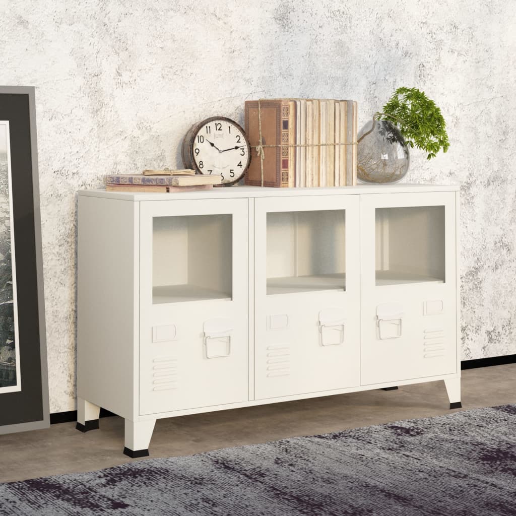 vidaXL Industrial Sideboard White 105x35x62 cm Metal and Glass