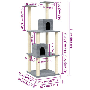 vidaXL Cat Tree with Sisal Scratching Posts Light Grey 141 cm