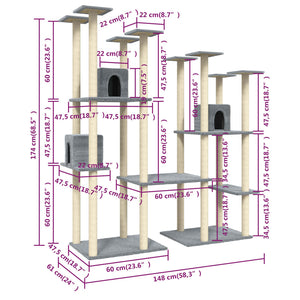 vidaXL Cat Tree with Sisal Scratching Posts Light Grey 174 cm