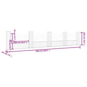 vidaXL U-shape Gabion Basket with 5 Posts Iron 500x20x100 cm