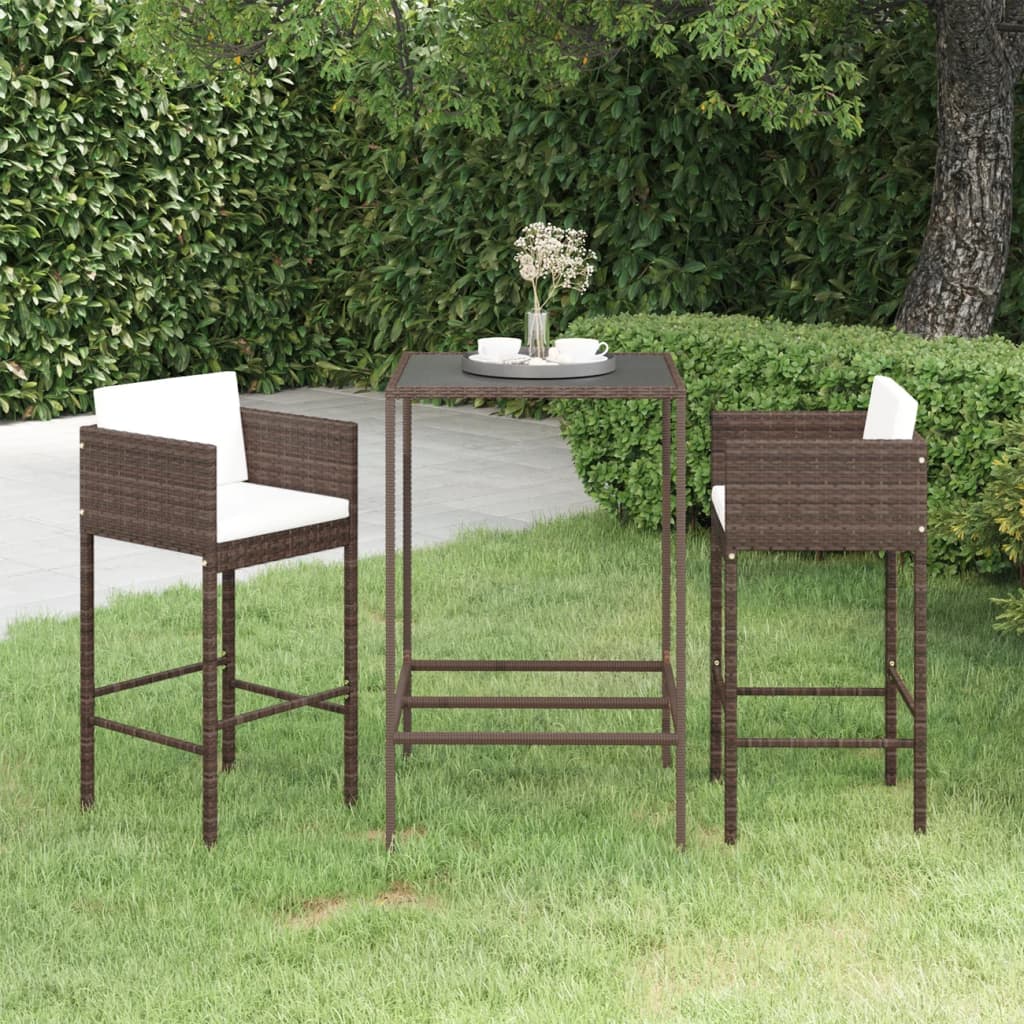 vidaXL 3 Piece Garden Bar Set with Cushions Poly Rattan Brown