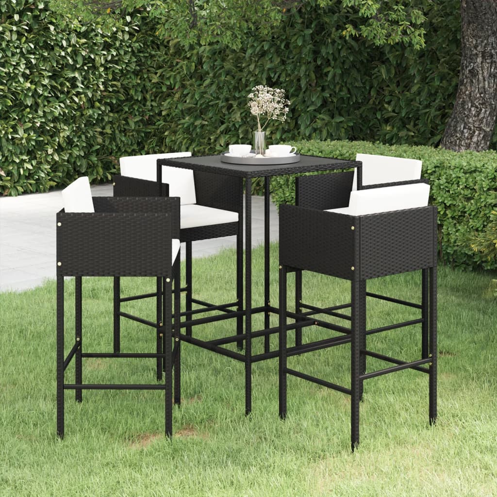 vidaXL 5 Piece Garden Bar Set with Cushions Poly Rattan Black