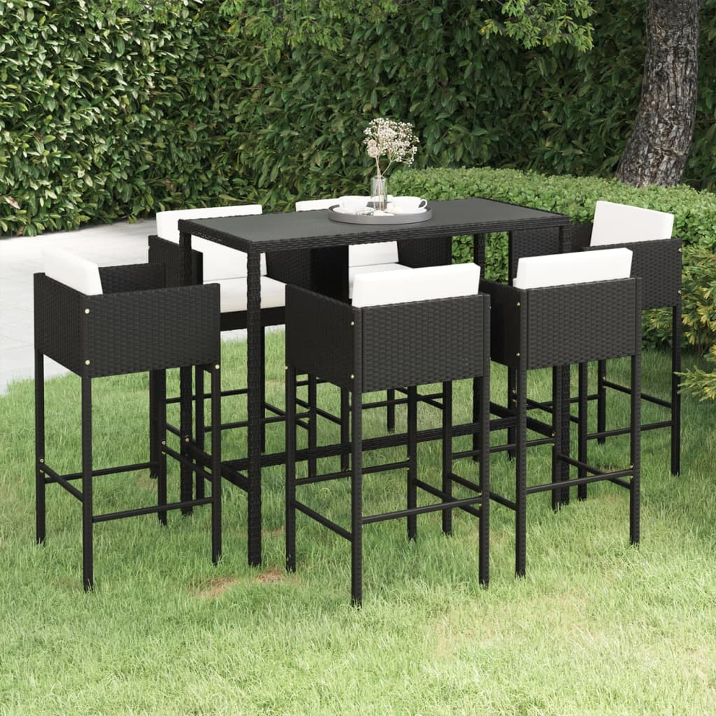 vidaXL 7 Piece Garden Bar Set with Cushions Poly Rattan Black