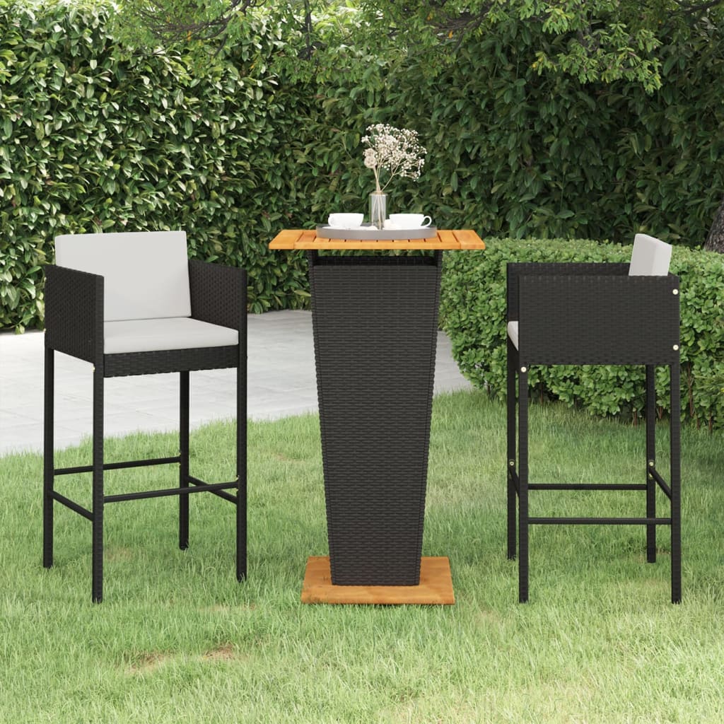 vidaXL 3 Piece Garden Bar Set with Cushions Poly Rattan Black