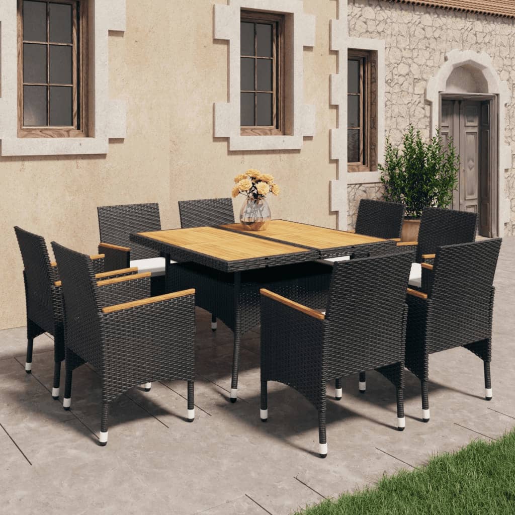 vidaXL 9 Piece Garden Dining Set Poly Rattan and Solid Wood Black