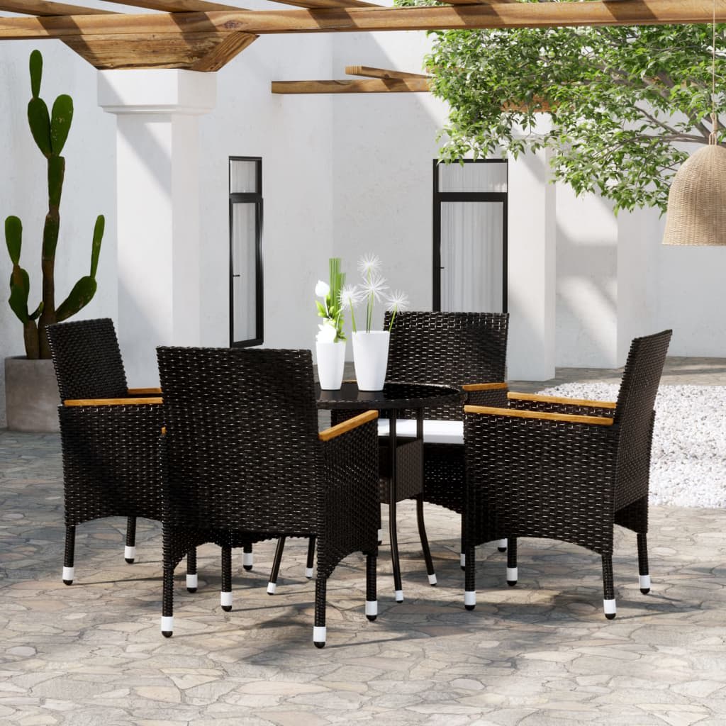 vidaXL 5 Piece Garden Bistro Set Poly Rattan and Tempered Glass Black