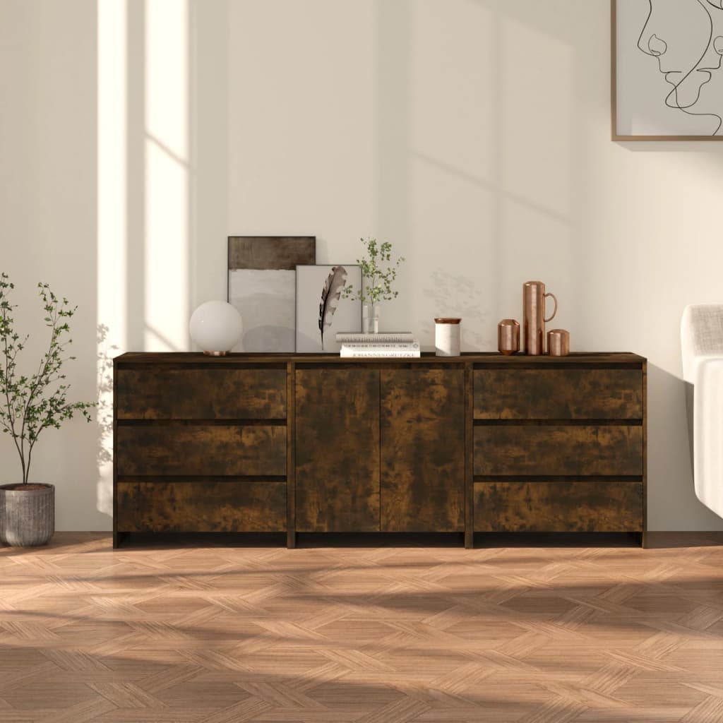 vidaXL 3 Piece Sideboard Smoked Oak Engineered Wood