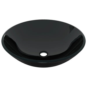 vidaXL Bathroom Sink with Tap and Push Drain Black Tempered Glass