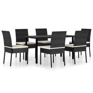 vidaXL 7 Piece Outdoor Dining Set with Cushions Poly Rattan Black