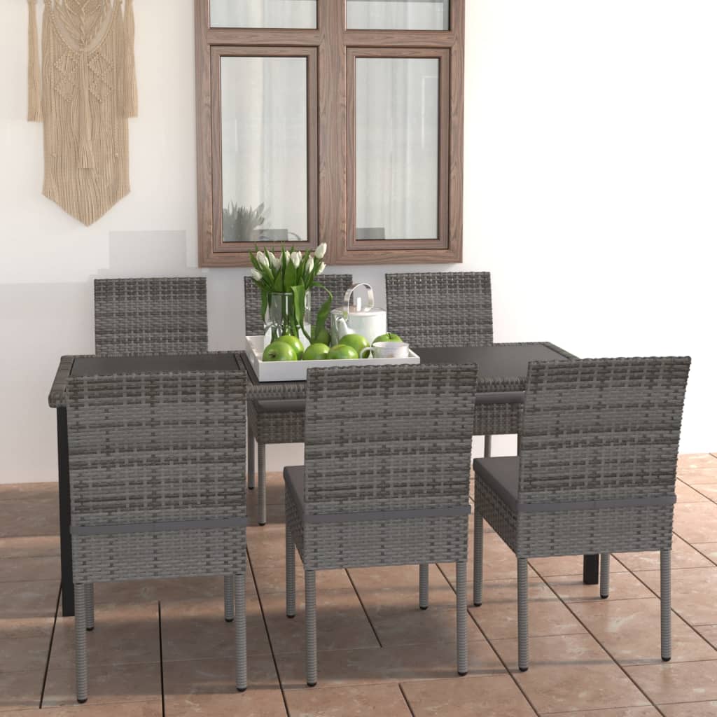 vidaXL 7 Piece Outdoor Dining Set with Cushions Poly Rattan Grey