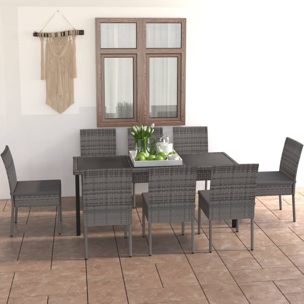 vidaXL 9 Piece Outdoor Dining Set with Cushions Poly Rattan Grey