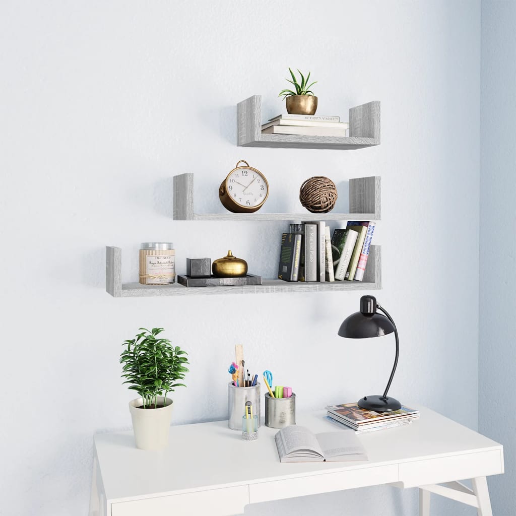 vidaXL Wall Display Shelves 3 pcs Grey Sonoma Engineered Wood