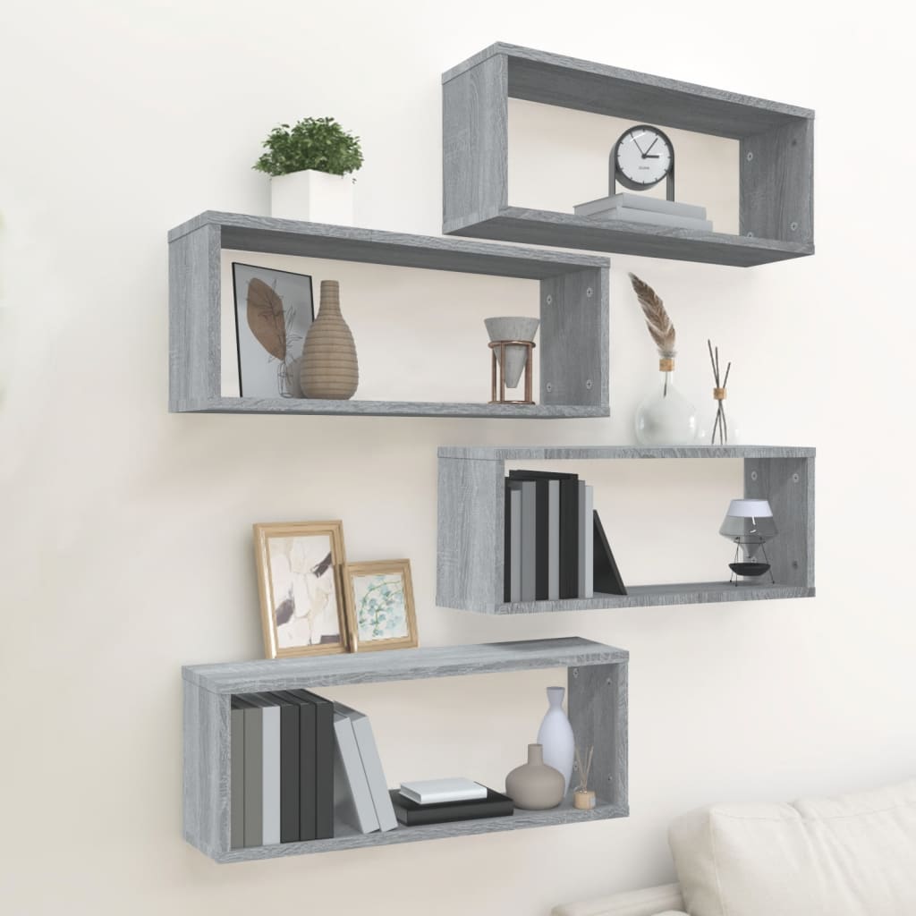 vidaXL Wall Cube Shelves 4 pcs Grey Sonoma 60x15x23 cm Engineered Wood